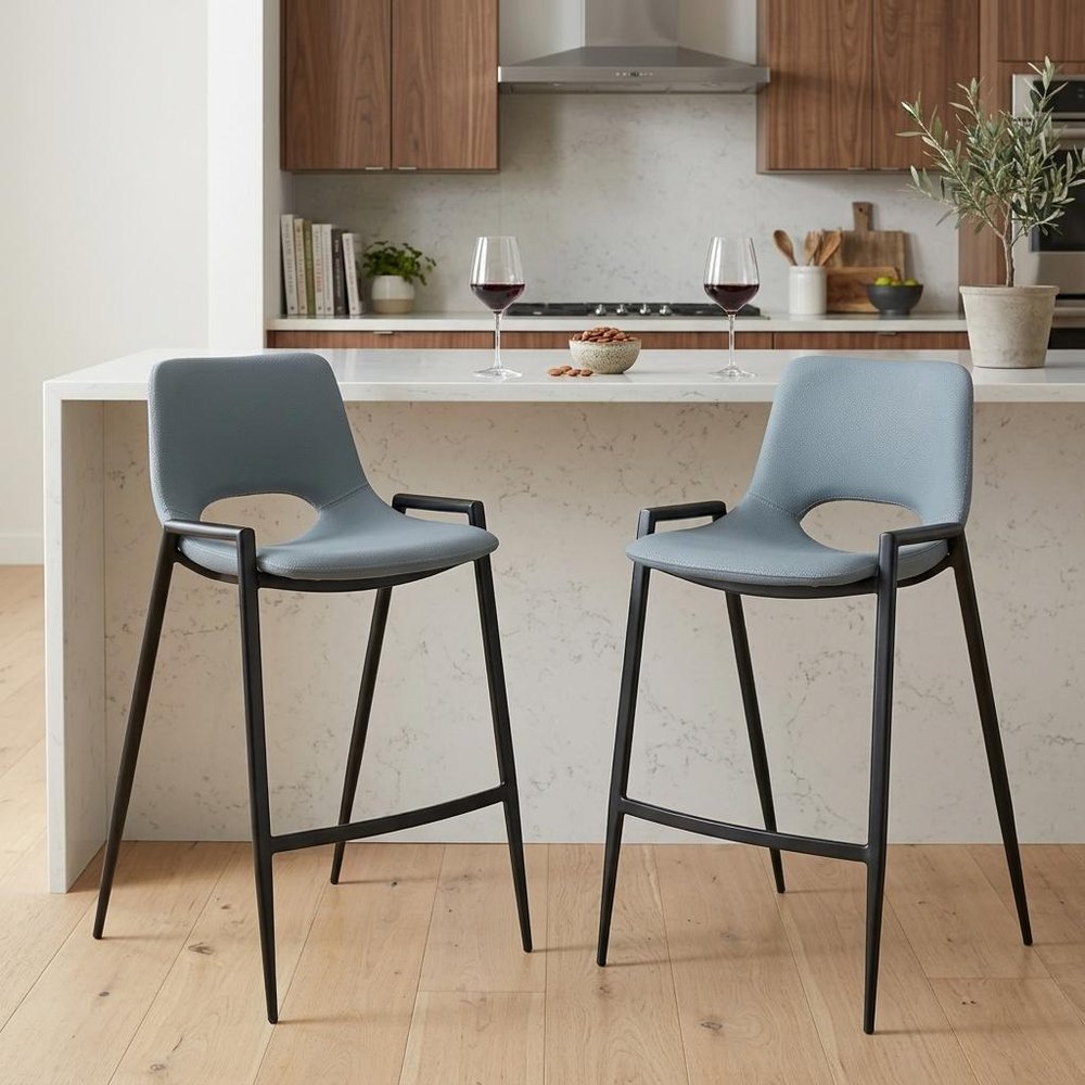 Set of Two 26" Blue And Black Faux Leather And Steel Low Back Counter Height Bar Chairs