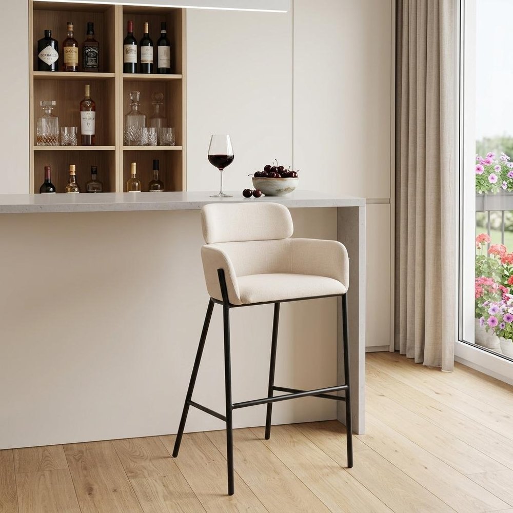 30" Beige And Black Fabric And Steel Bar Height Bar Chair