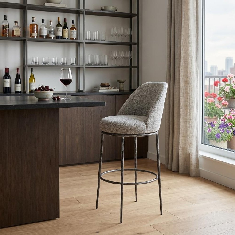 32" Gray And Black Fabric And Steel Bar Height Swivel Bar Chair