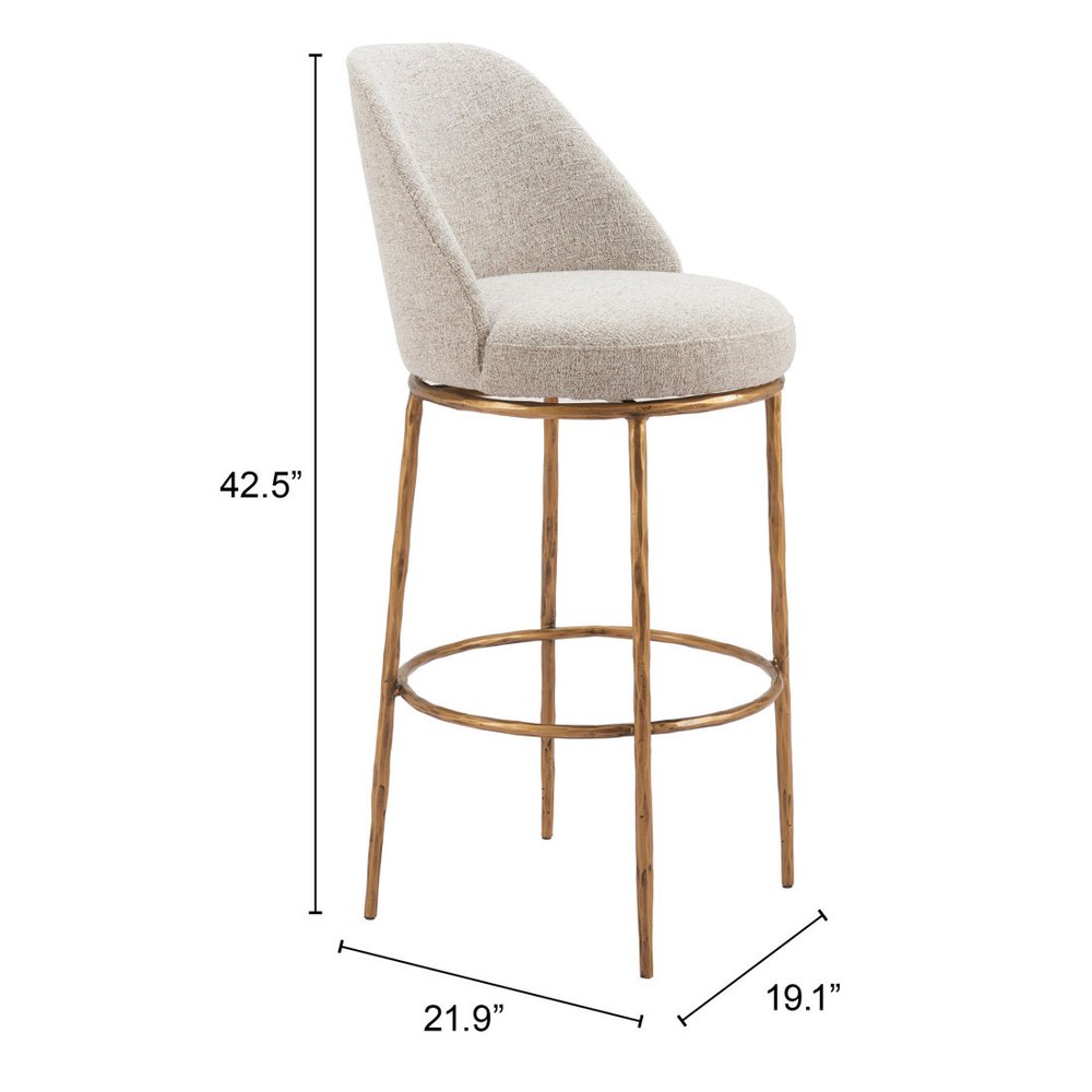 32" Beige And Gold Fabric And Steel Bar Height Swivel Bar Chair