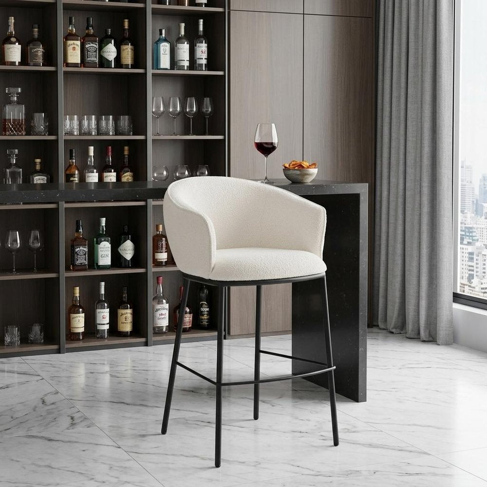 30" Ivory And Black Shearling And Steel Bar Height Bar Chair