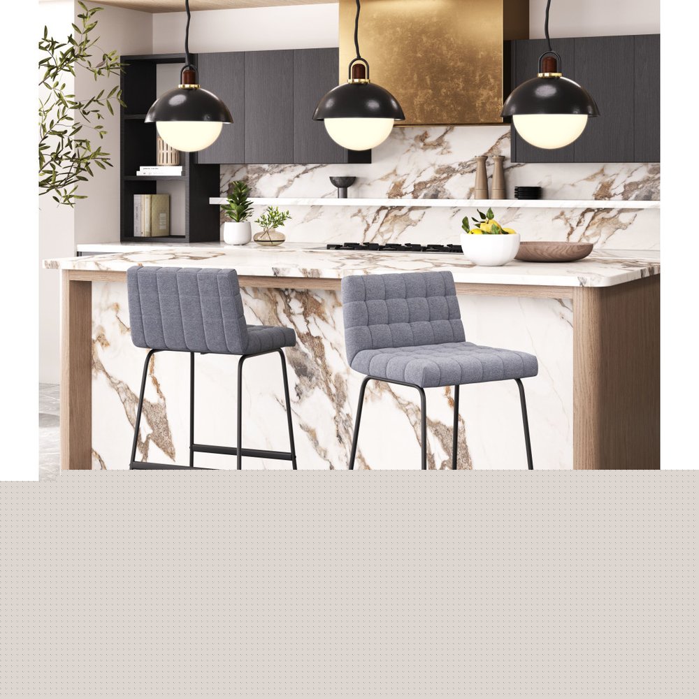 Set of Two 30" Gray And Black Fabric And Steel Bar Height Bar Chairs