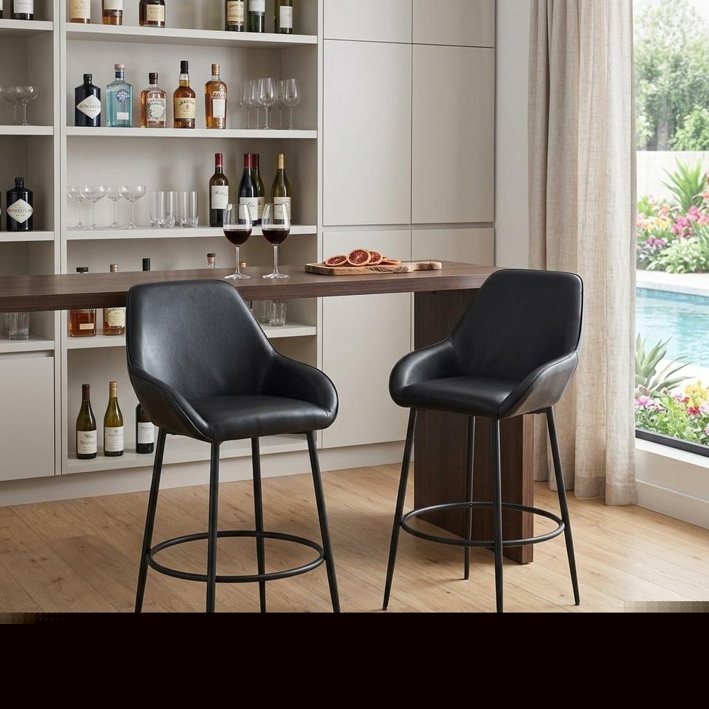 Set of Two 30" Black Faux Leather And Steel Bar Height Bar Chairs