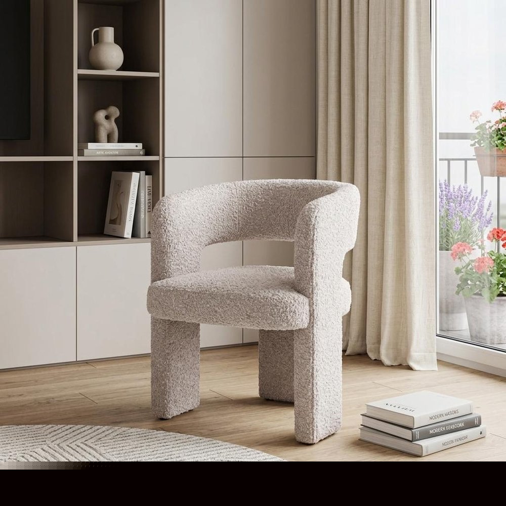 27" Beige Faux Shearling And Upholstered Arm Chair