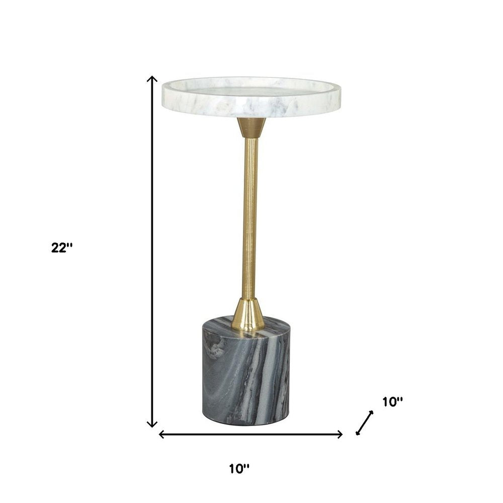 22" Gold Gray And White Marble And Iron Round Pedestal End Table