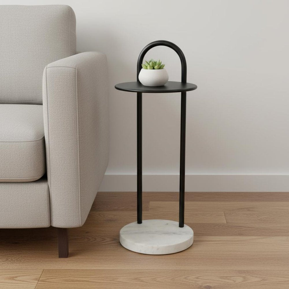22" Black And White Iron And Marble Round C Table End Table