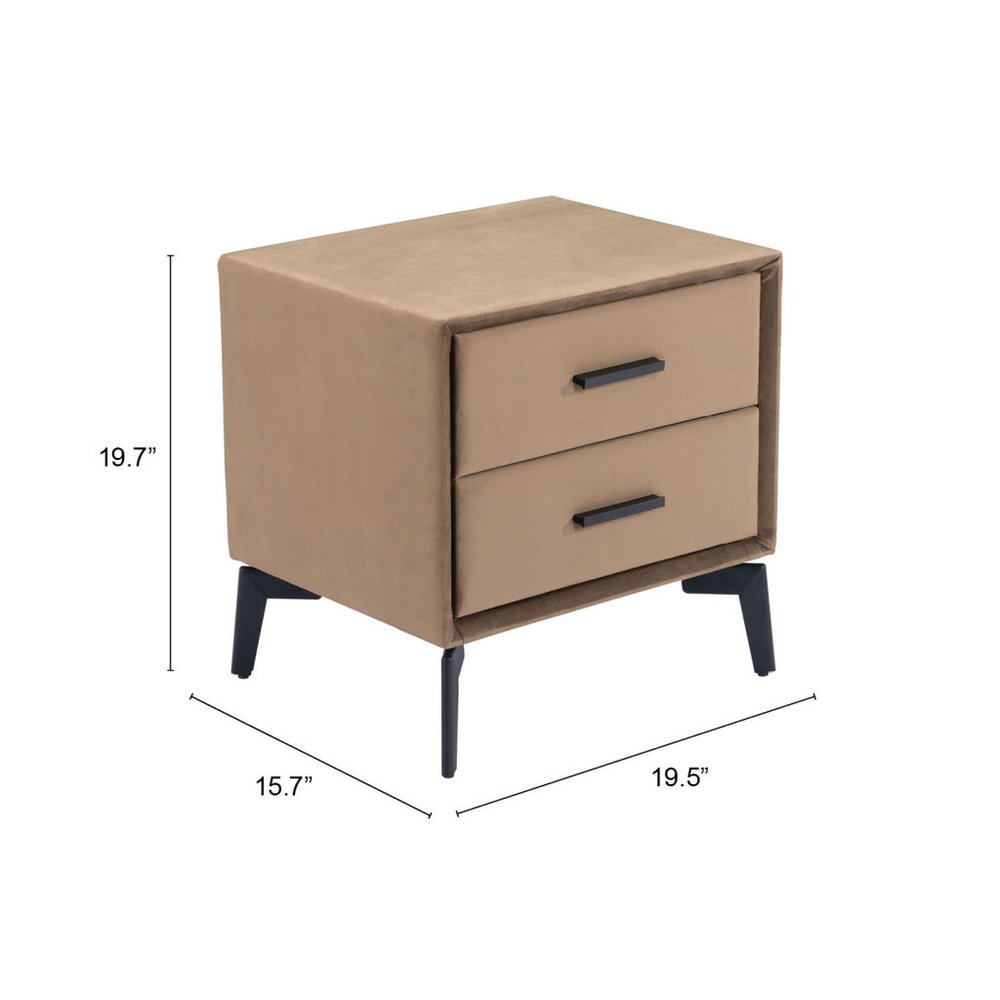 20" Brown and Black Velvet Wood and Steel End Table With Two Drawers