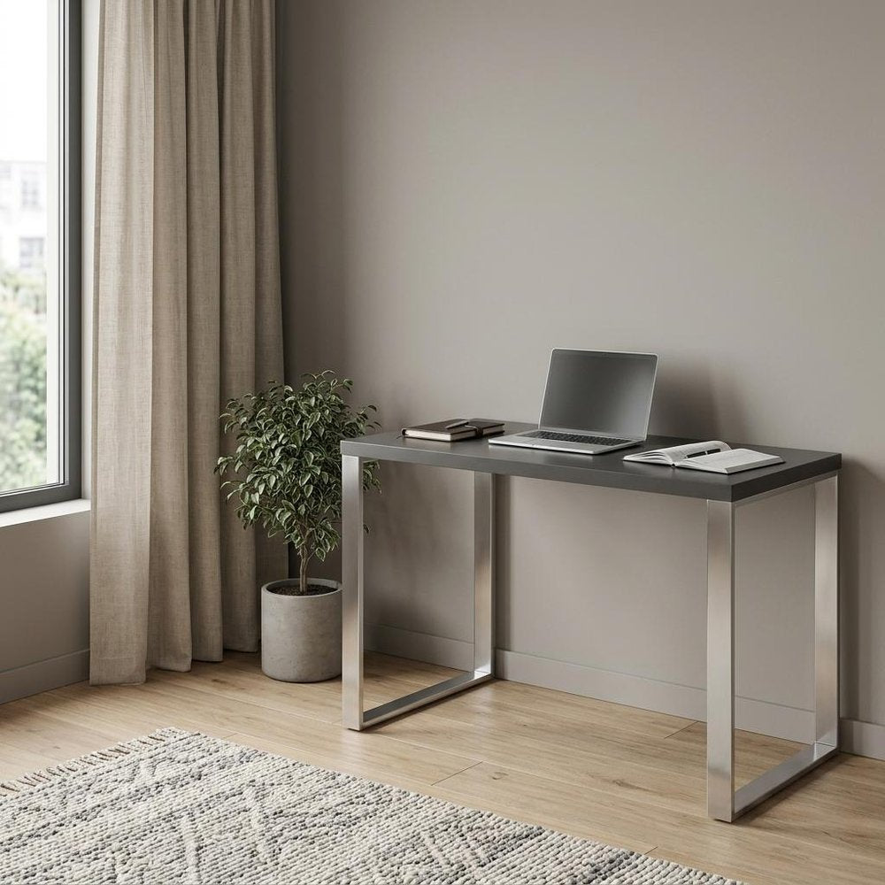47" Gray and Silver Wood and Stainless Steel Sled Writing Desk