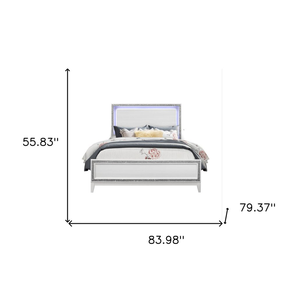 White Wood and Faux Crystal Bling Lighted King Bed Frame