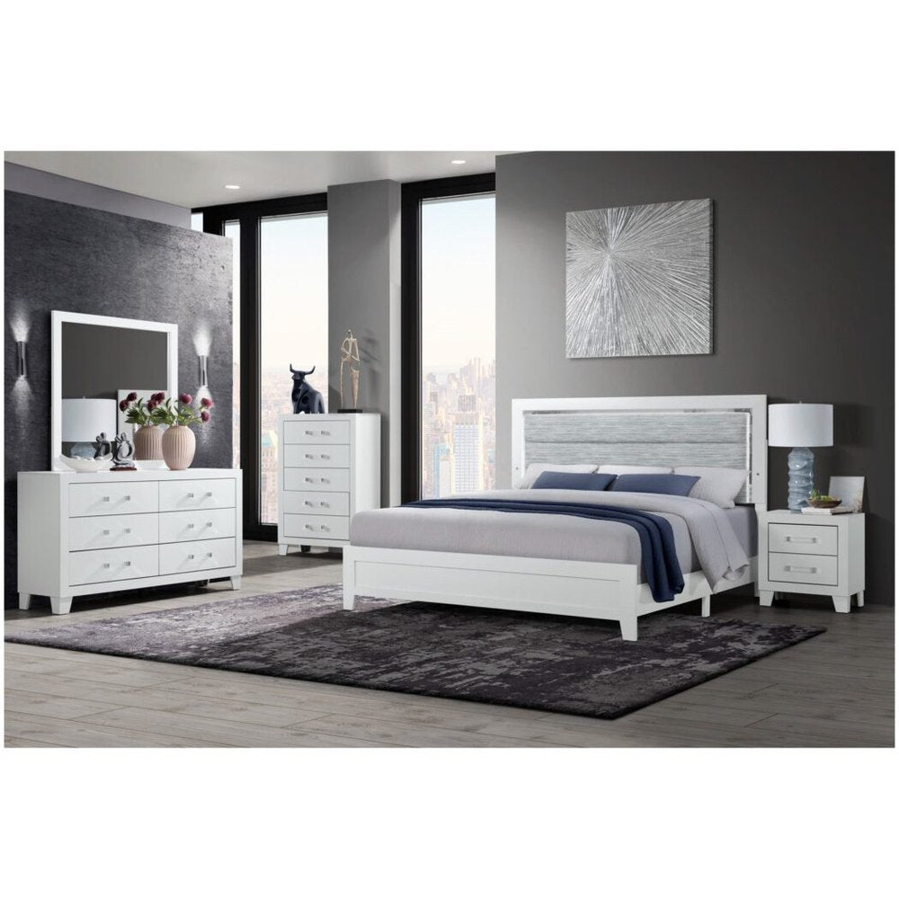 White and Light Gray Ribbed Texture Wood And Upholstery Lighted King Bed Frame
