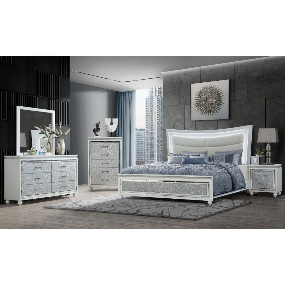 Silver And White Faux Crystal Bling Wood And Upholstery Lighted Full Bed Frame