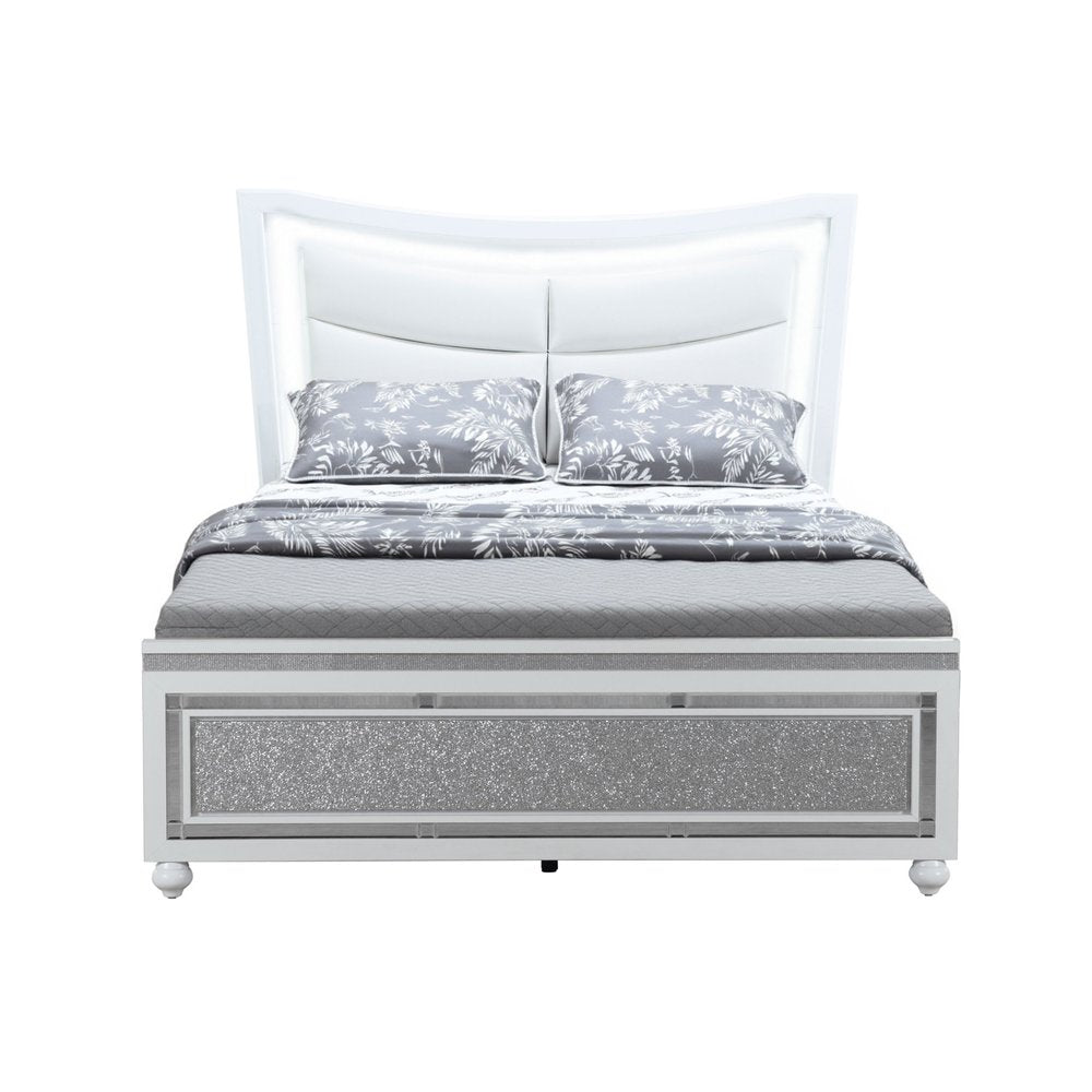 White And Silver and White Faux Crystal Bling Wood And Upholstery Lighted Queen Bed Frame