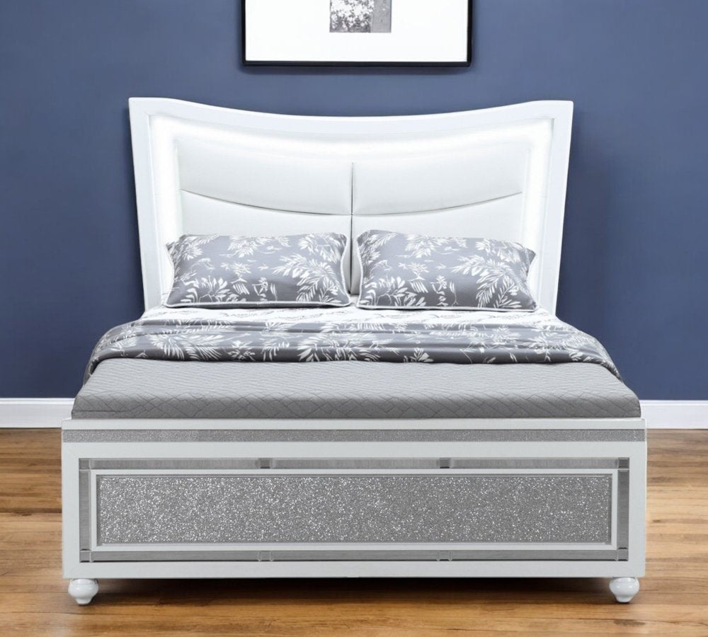 White And Silver and White Faux Crystal Bling Wood And Upholstery Lighted Queen Bed Frame