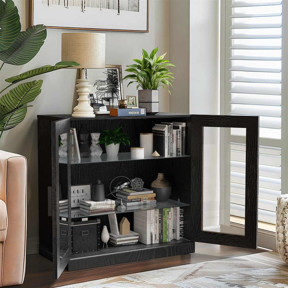 31" Black And Clear Glass Door Accent Cabinet With Three Shelves