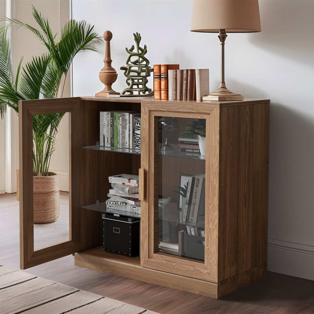 31" Natural And Clear Glass Door Accent Cabinet With Three Shelves