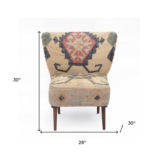 26" Beige Blue and Red Jute Southwestern Wingback Chair