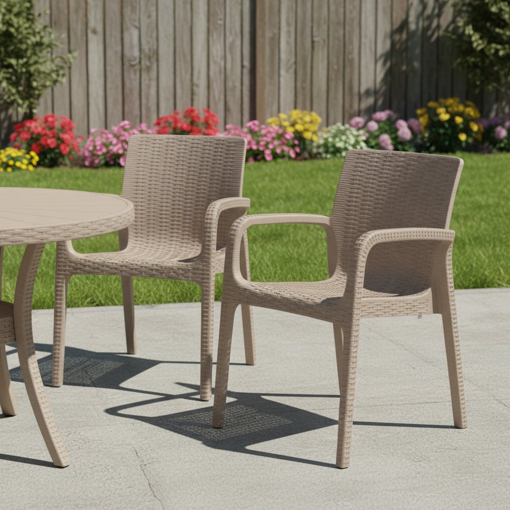 Set of Two Taupe Faux Rattan Heavy Duty Plastic Outdoor Stacking Arm Chairs
