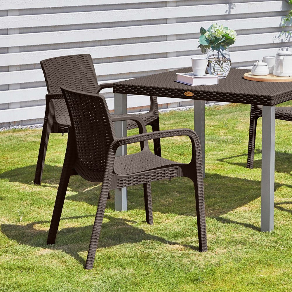 Set of Two Brown Faux Rattan Heavy Duty Plastic Outdoor Stacking Arm Chairs