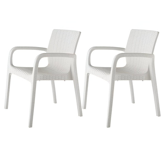 Set of Two White Faux Rattan Heavy Duty Plastic Outdoor Stacking Arm Chairs
