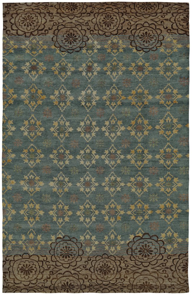 8' X 12' Green Blue and Brown Floral Hand Knotted Area Rug