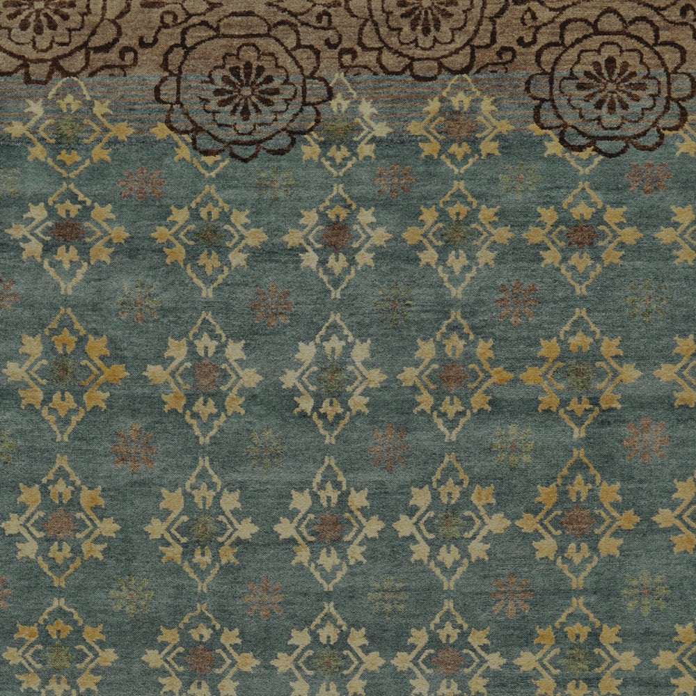 8' X 12' Green Blue and Brown Floral Hand Knotted Area Rug