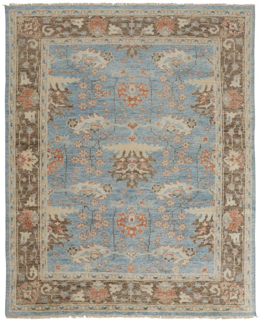 4' X 6' Brown and Blue Wool Oriental Hand Knotted Area Rug