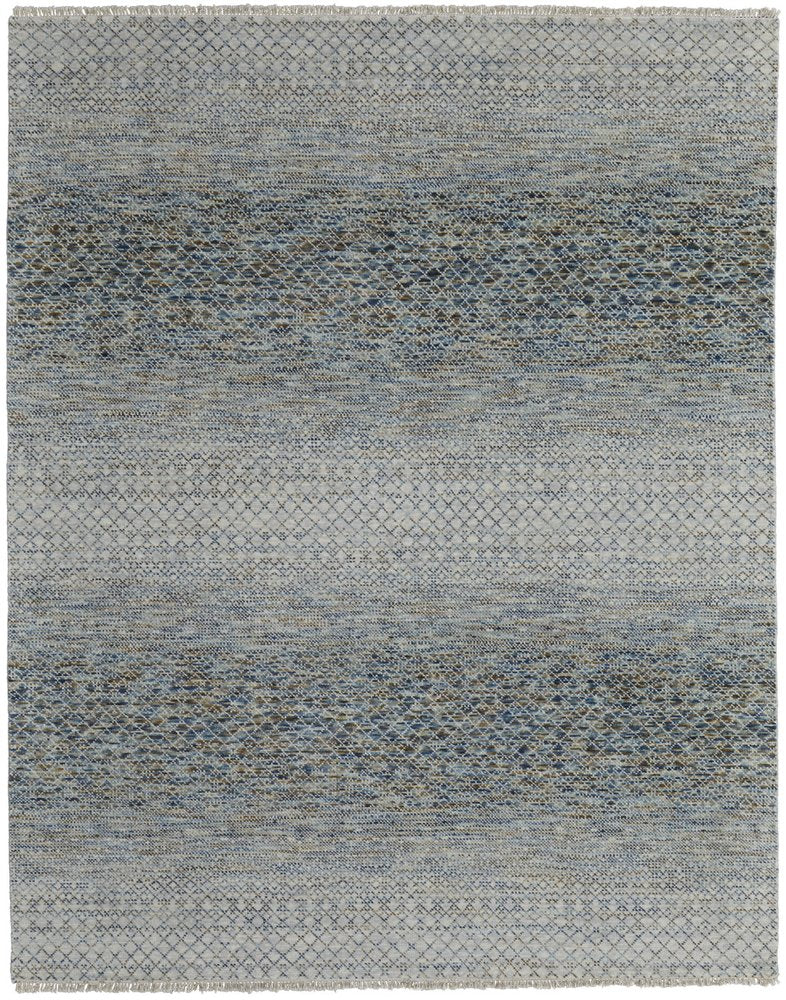 9' X 13' Ivory Blue and Brown Wool Hand Knotted Area Rug With Fringe