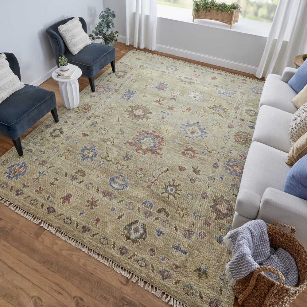 8' X 10' Tan Brown and Blue Wool Floral Hand Knotted Area Rug With Fringe