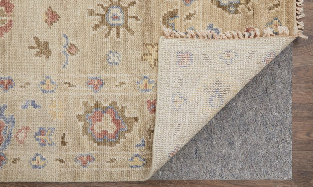 8' X 10' Tan Brown and Blue Wool Floral Hand Knotted Area Rug With Fringe