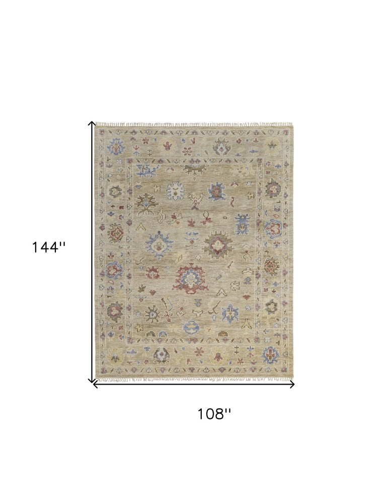 8' X 10' Tan Brown and Blue Wool Floral Hand Knotted Area Rug With Fringe