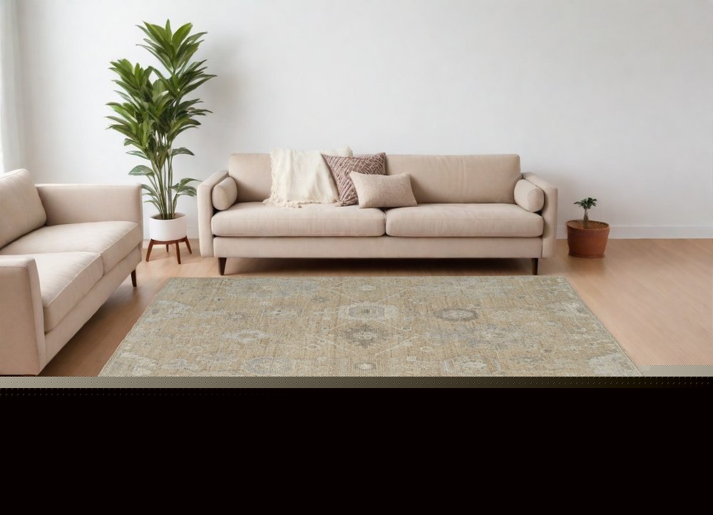 9' X 13' Tan and Ivory Wool Floral Hand Knotted Area Rug