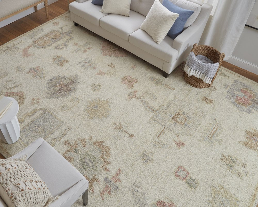 8' X 12' Ivory Tan and Gray Wool Floral Hand Knotted Area Rug