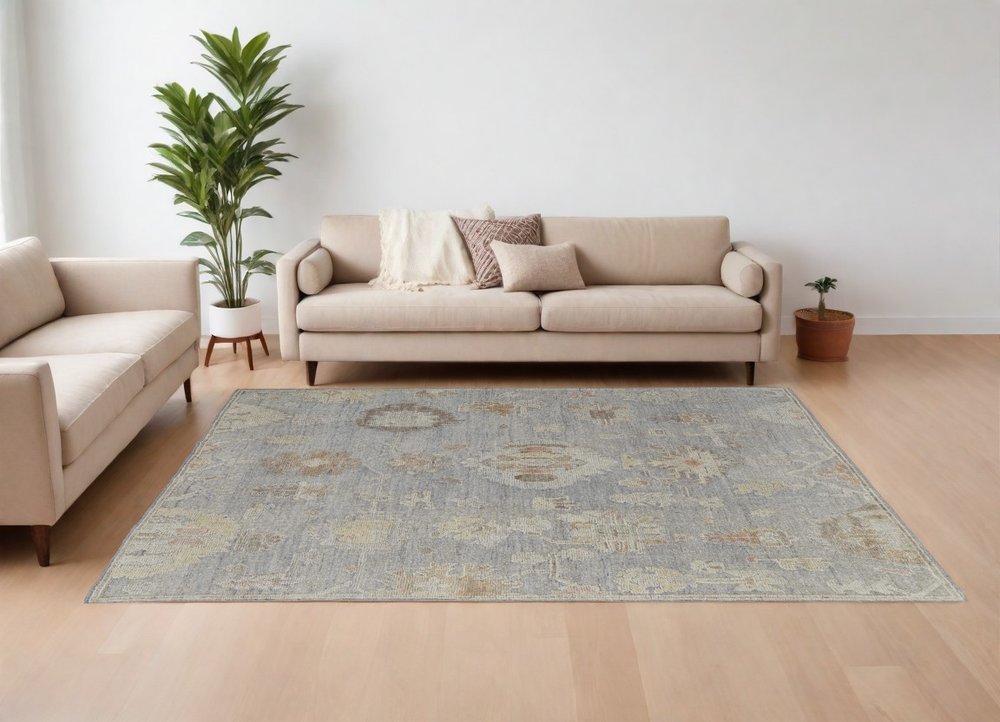 9' X 13' Gray and Blue Wool Floral Hand Knotted Area Rug