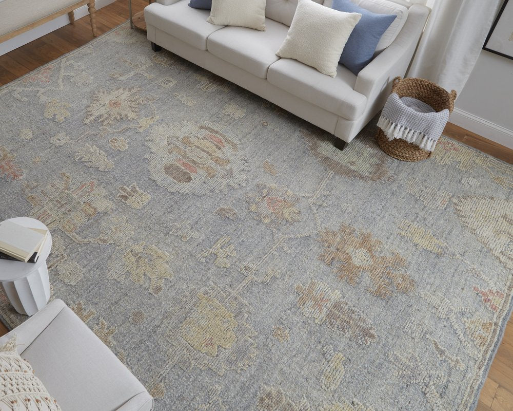9' X 13' Gray and Blue Wool Floral Hand Knotted Area Rug