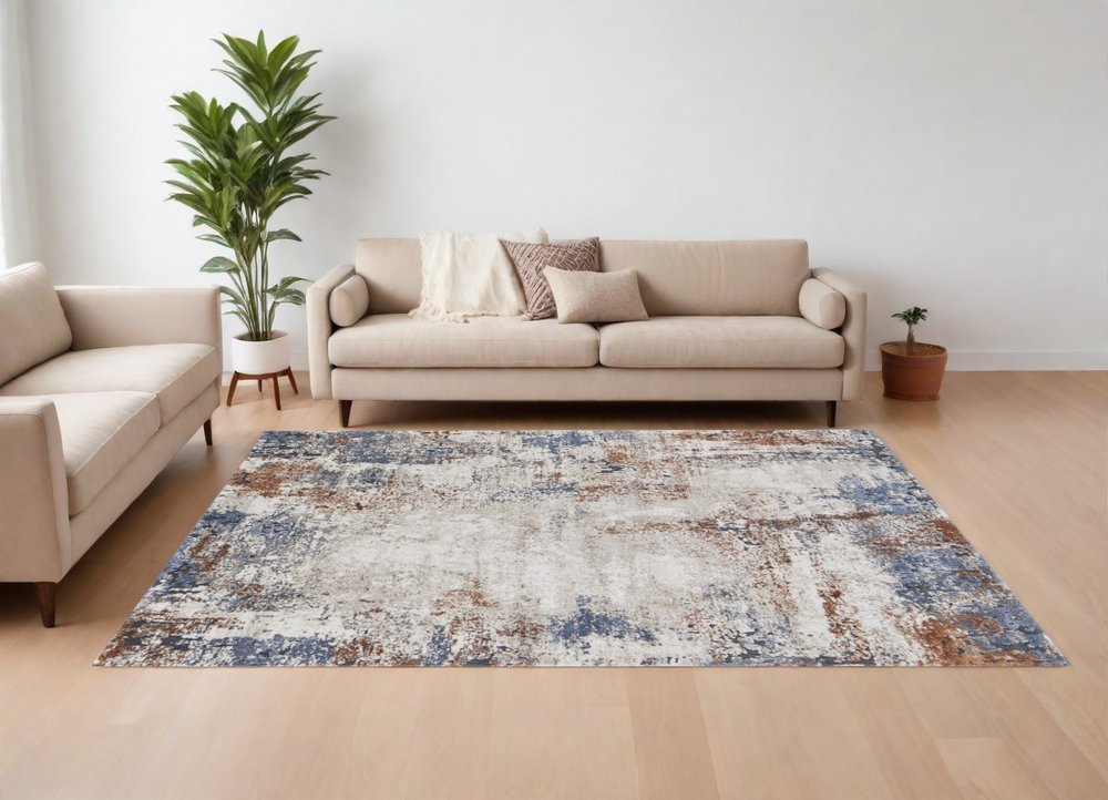 8' X 10' Blue Gray and Brown Abstract Power Loom Worn Faded Area Rug