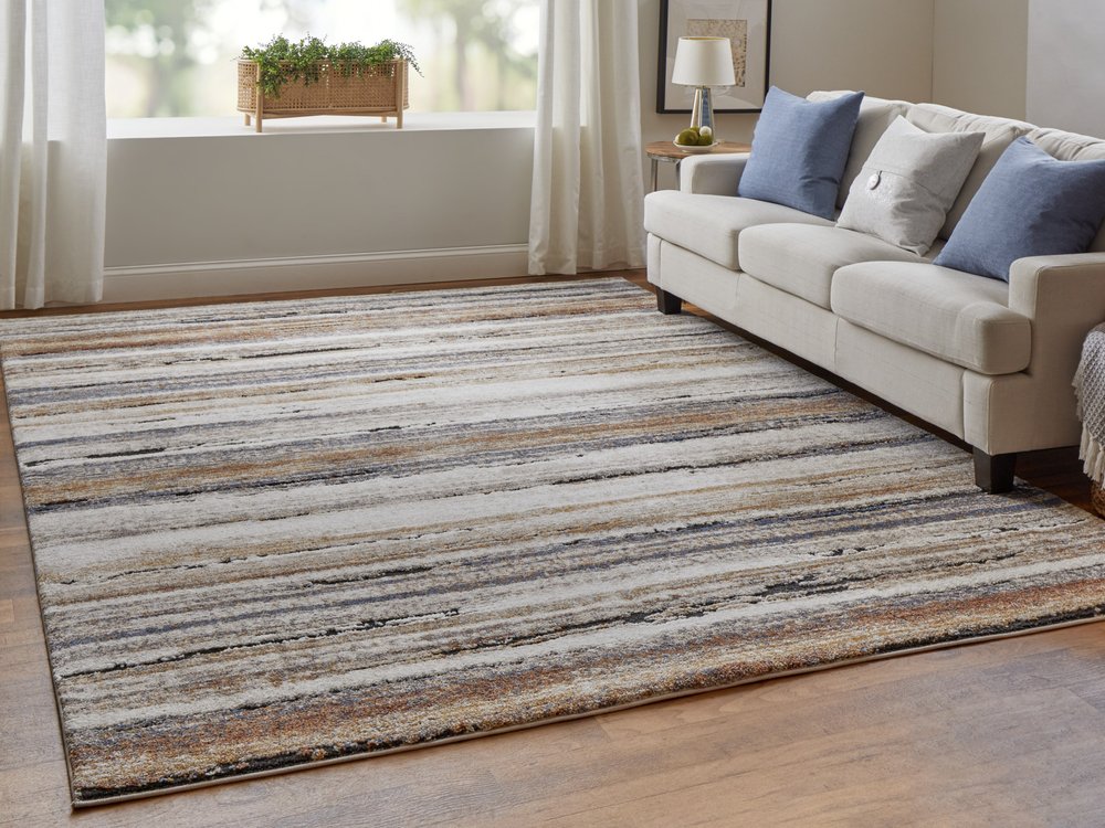 8' X 10' Ivory Blue and Brown Striped Power Loom Area Rug