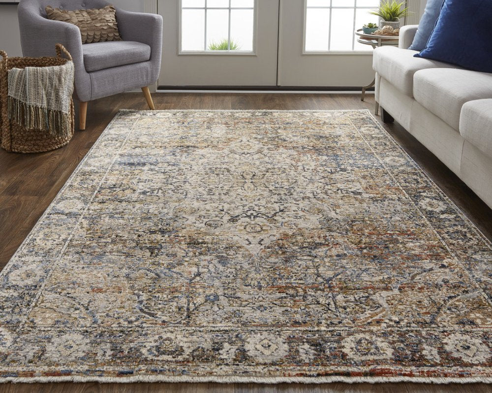 3' X 5' Tan Blue And Burnt Orange Oriental Area Rug With Fringe