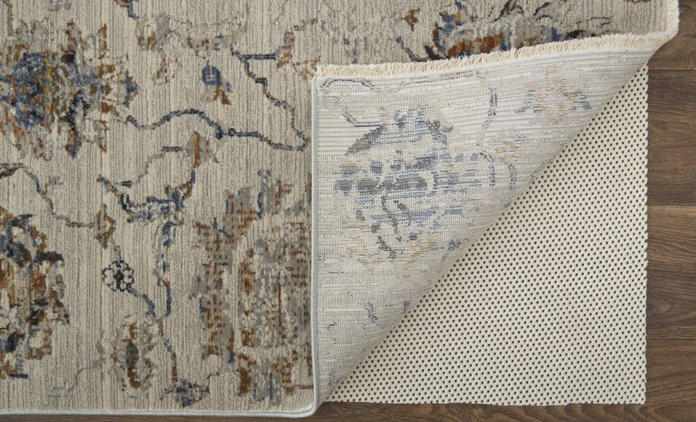3' X 5' Ivory Blue And Burnt Orange Floral Distressed Area Rug With Fringe