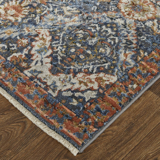 3' X 5' Ivory Blue And Burnt Orange Floral Area Rug With Fringe