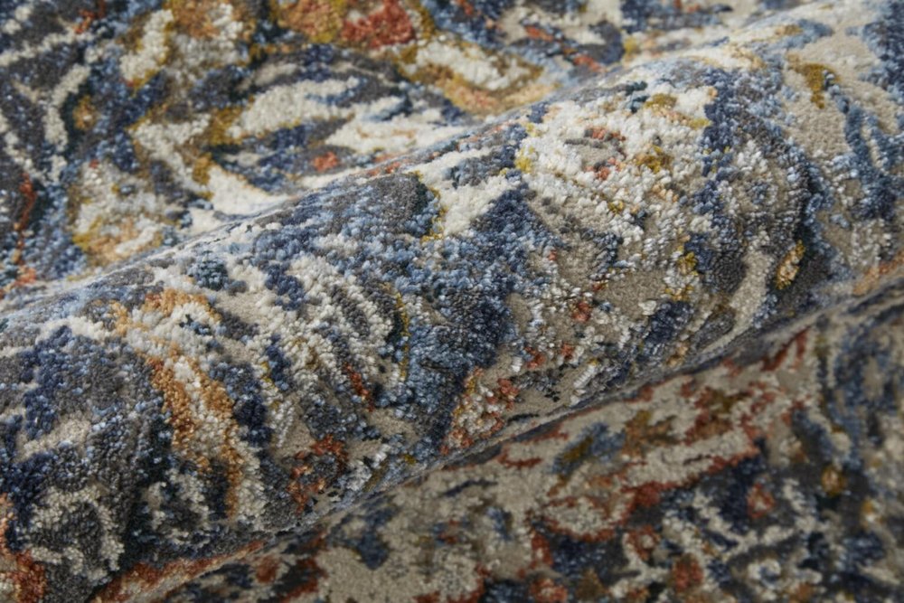 3' X 5' Ivory Blue And Burnt Orange Floral Area Rug With Fringe