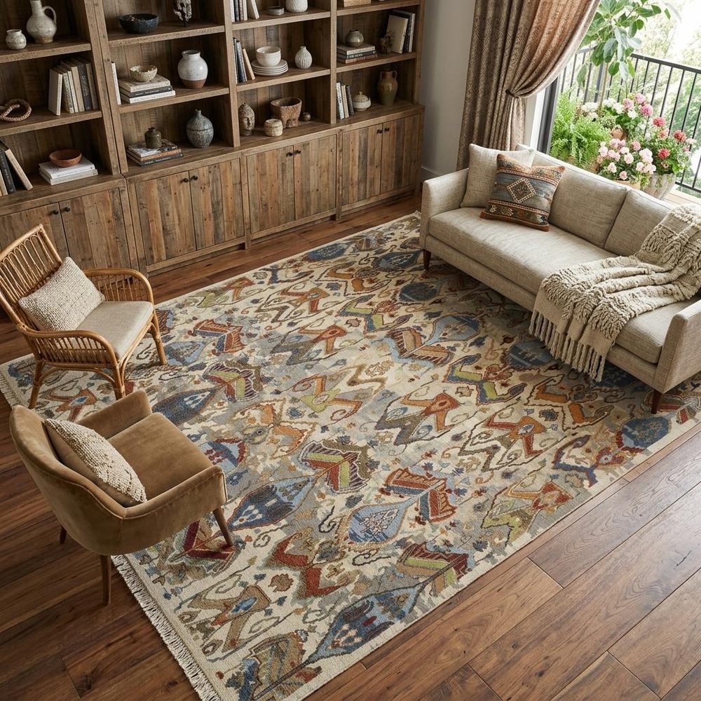 8' X 10' Ivory Blue and Brown Wool Ikat Hand Knotted Area Rug With Fringe