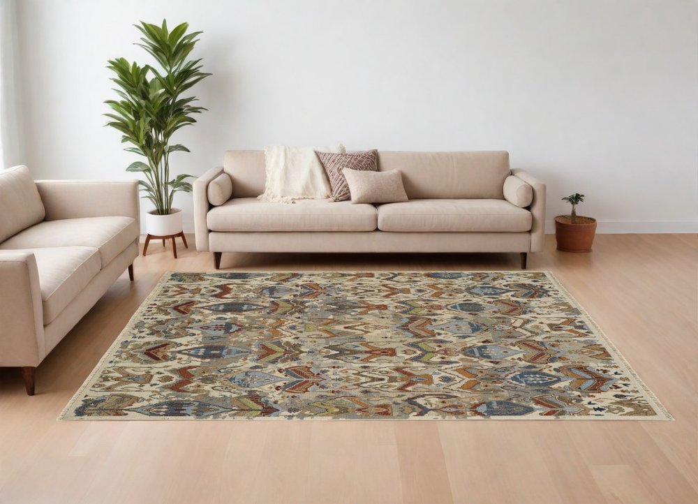 8' X 12' Ivory Blue and Brown Wool Ikat Hand Knotted Area Rug With Fringe