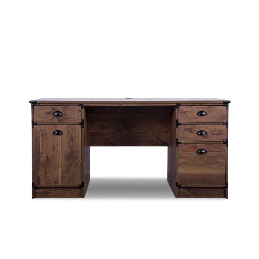 59" Walnut Wood Pedestal Computer Desk With Four Drawers