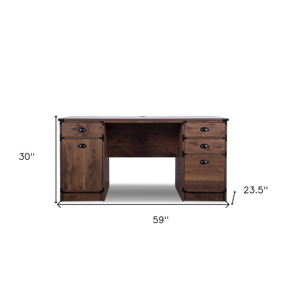 59" Walnut Wood Pedestal Computer Desk With Four Drawers