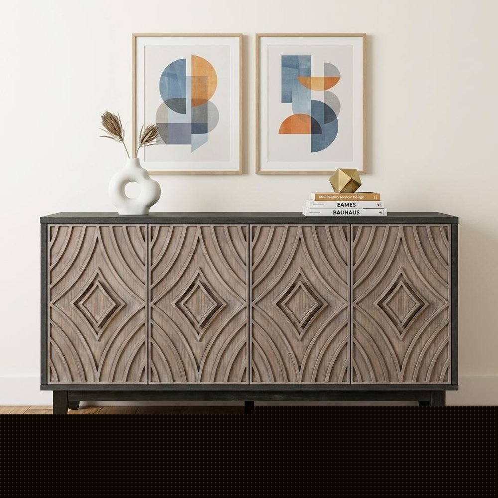 60" Charcoal and Brown Distressed Wood Sideboard with Four Doors