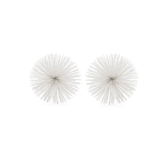 Set of Two White Iron Decorative Spiky Sphere Tabletop Sculpture
