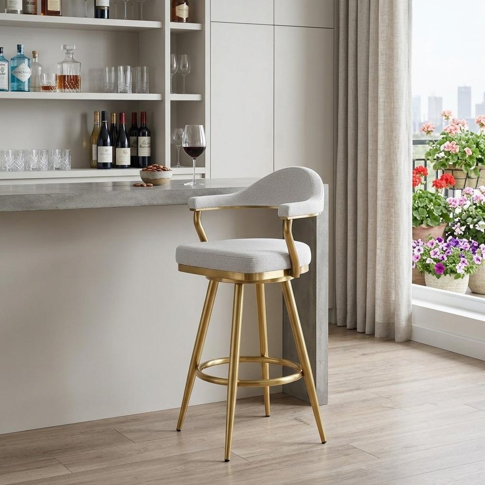 30" Silver And Gold Fabric And Steel Low Back Bar Height Swivel Bar Chair