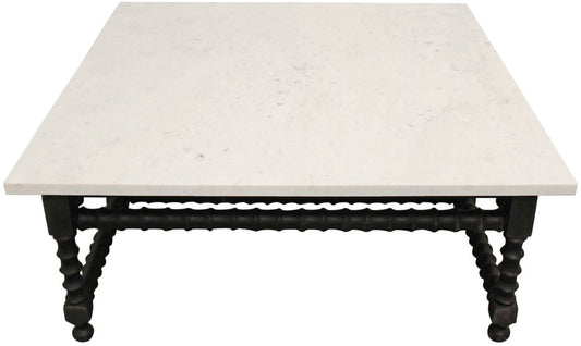 48" White And Black Genuine Marble And Solid Wood Square Coffee Table