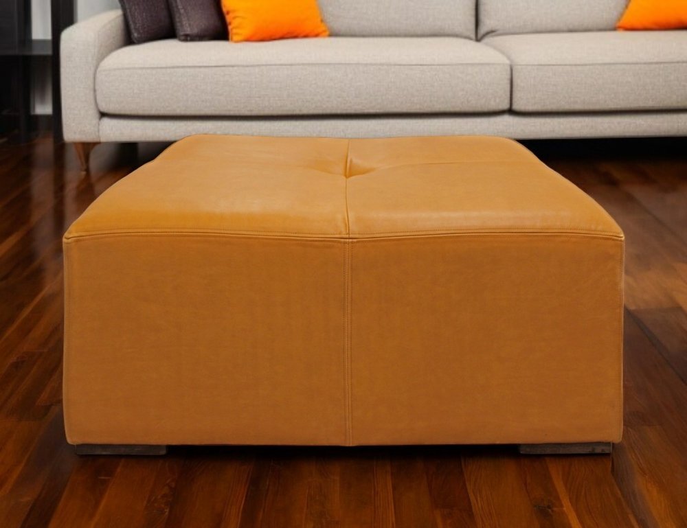 36" Orange Genuine Leather And Solid Wood Square Cocktail Table