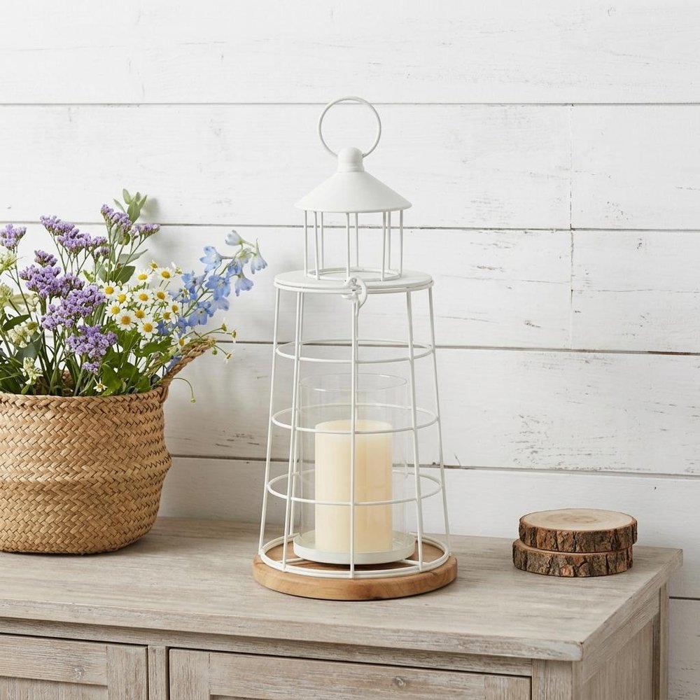 15" White And Natural Metal And Wood Lighthouse Tabletop Lantern Candle Holder